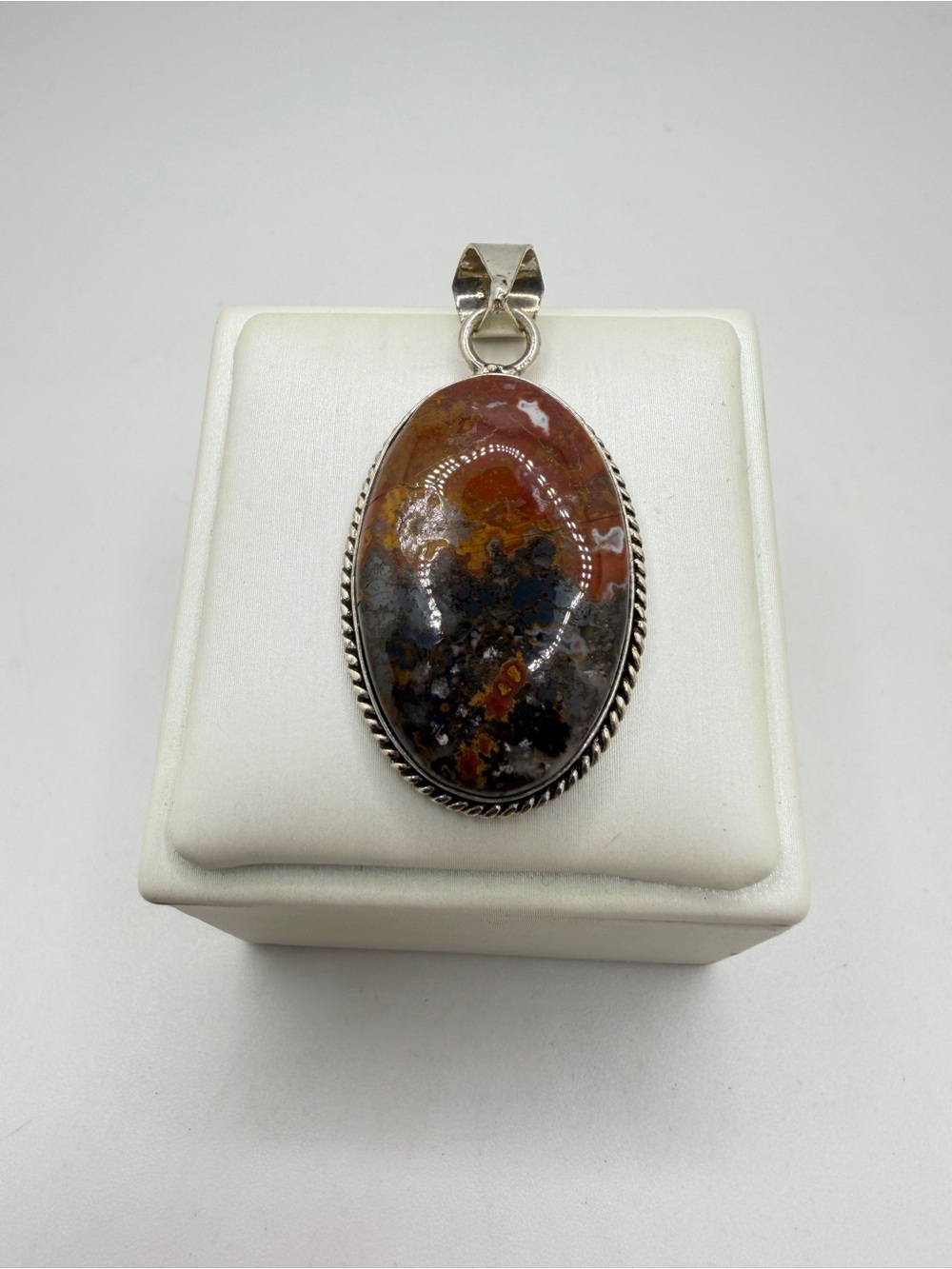 Stunning oval cut 30x20mm cabochon Maligano Jasper pendant in sterling silver!